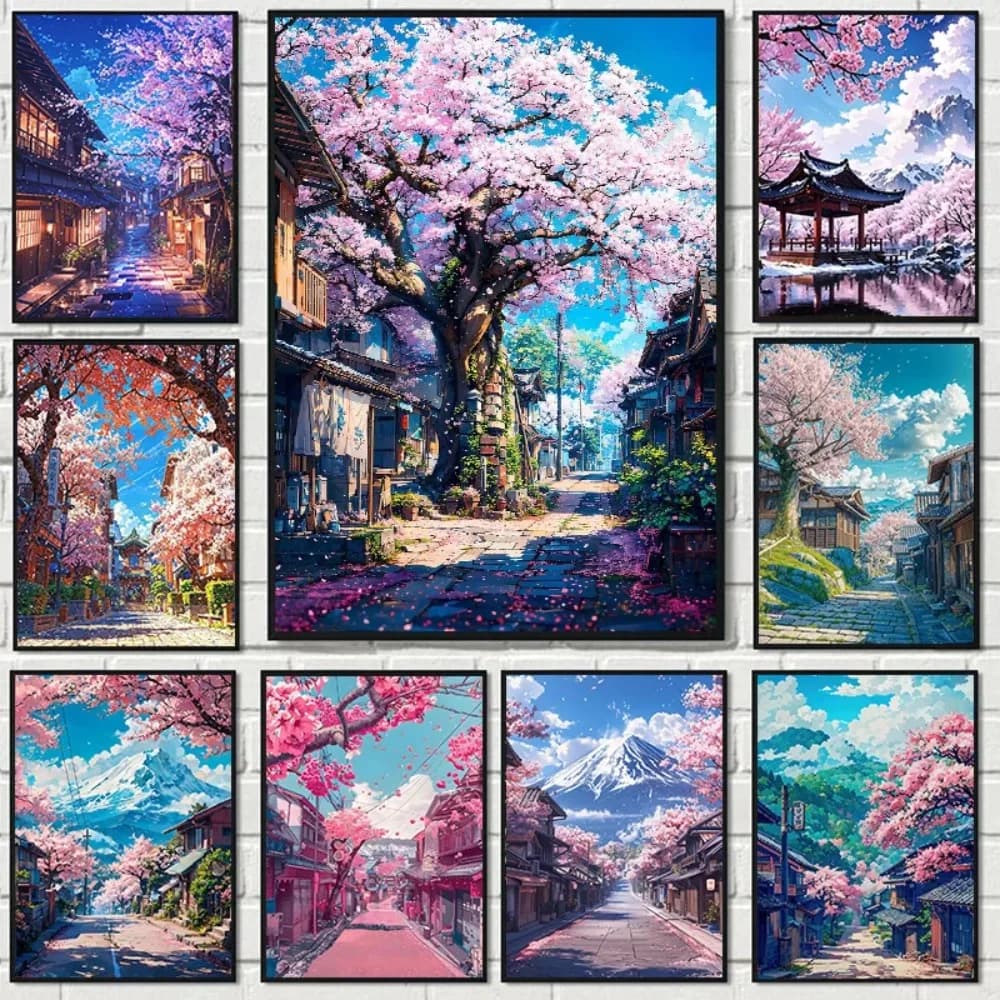 1pc Frameless Japanese Sakura Village Poster Street Mount Fuji Canvas Painting Wall Art for Living Room Home Wall Art Decorat