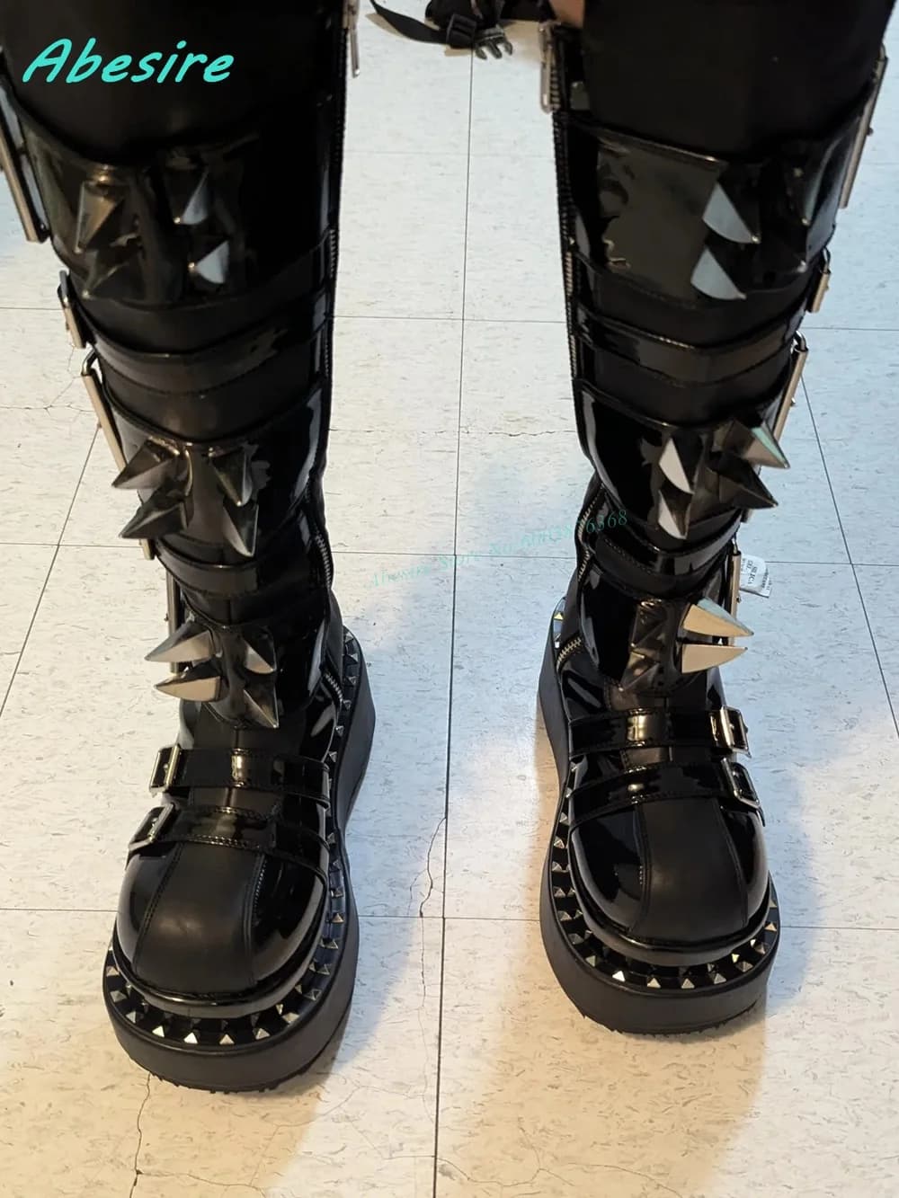 Lolita Punk Rock Goth Shoes Patent-Leather Patchwork Multi-Buckles Knee High Boots Round Toe Thick Sole Zipper Shoes for Women