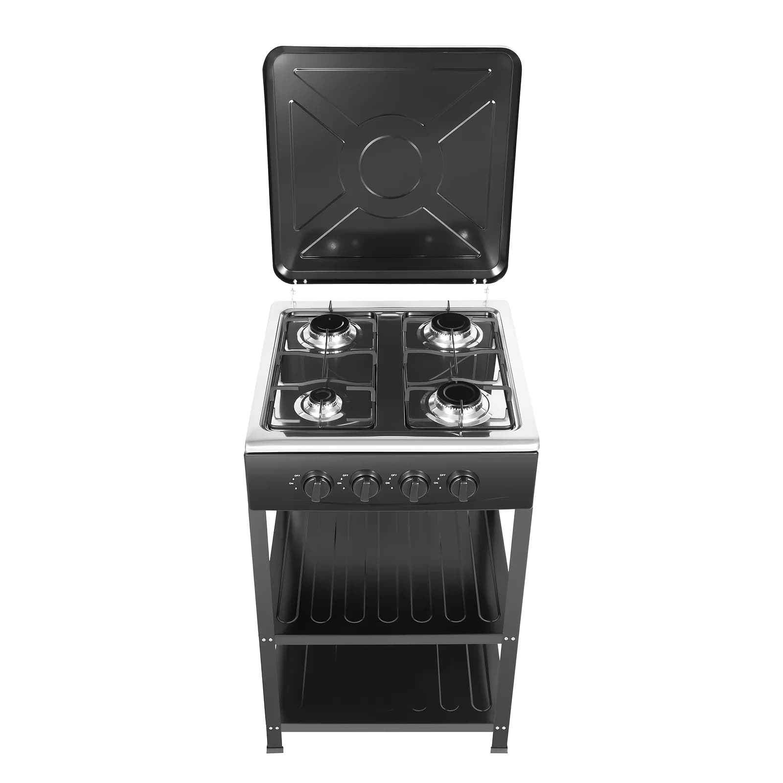 Portable four-burner gas cooker with stainless steel hob and iron support, a must for camping, excursions, picnic and trips.