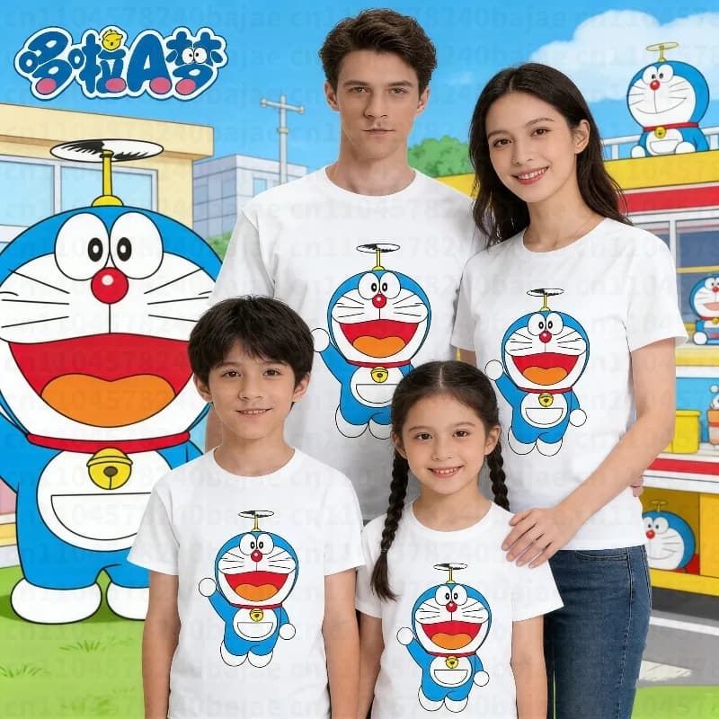 T-shirt in cotone stampato con cartoni animati Doraemon per l'estate 2026, a maniche corte, per genitori e figli, casual, comoda e traspirante
