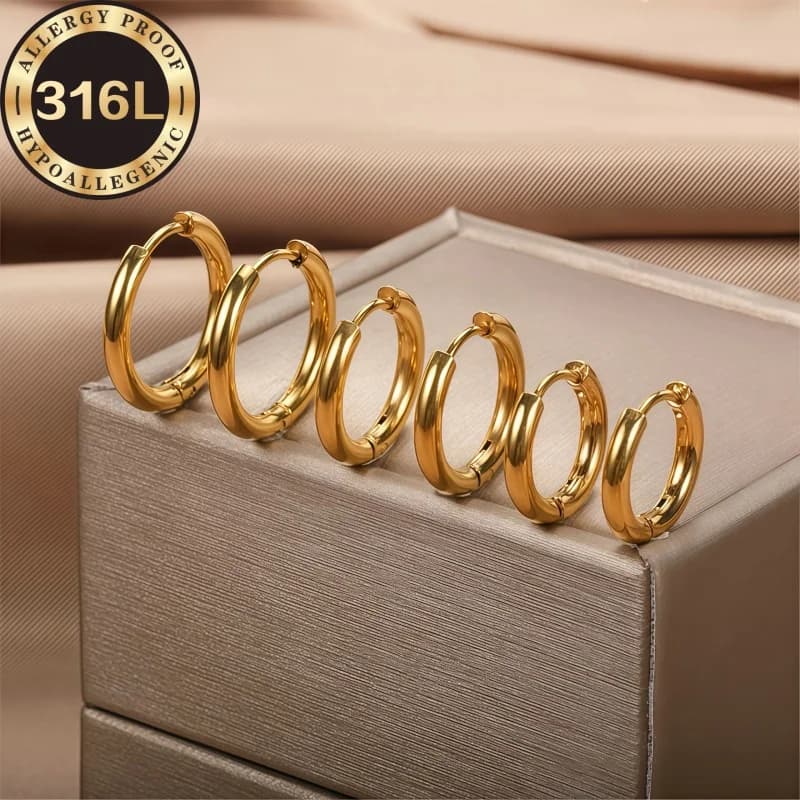 3 Paia di Orecchini a Cerchio Ipoallergenici in Acciaio Inossidabile 316L Placcato Oro 18K, Set Multi-Misura 8/10/12mm