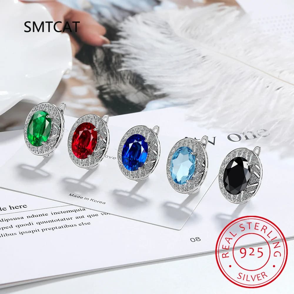 Ovale Granato Naturale Topazio Blu Verde Smeraldo Rubino Zaffiro 925 Sterling Silver Orecchino a cerchio Gioielli con pietre preziose colorate per le donne