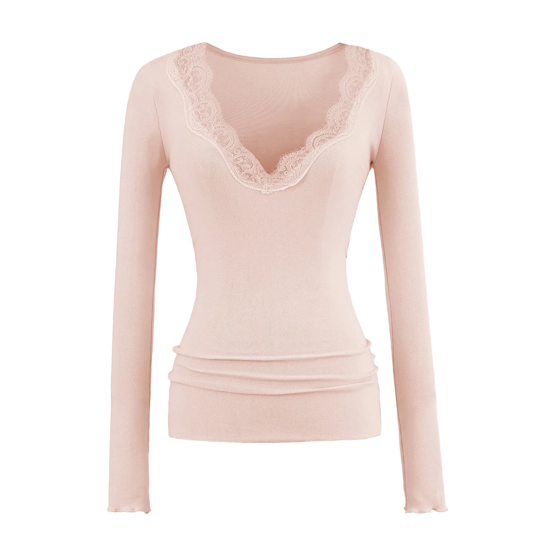 Women V Neck Lace Patchwork Long Sleeve Ribbed Tee Tshirt Top
