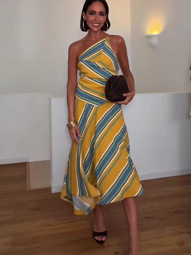TFMLN Abito da Donna Asimmetrico con Spalline, Sexy Senza Schienale, Senza Maniche, a Righe, Nuovo Modello 2026, Elegante Abito Lungo da Sera Slim per Feste