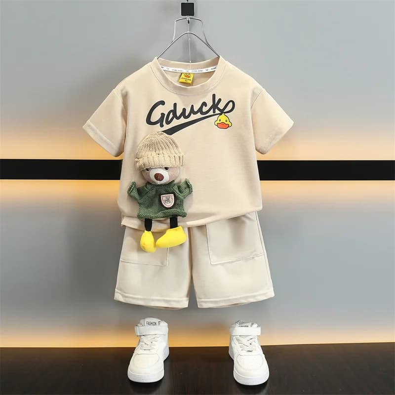 Completo estivo per ragazzi a maniche corte, due pezzi, abbigliamento per bambini alla moda, camicia e pantaloncini in misto cotone, abbigliamento giovanile