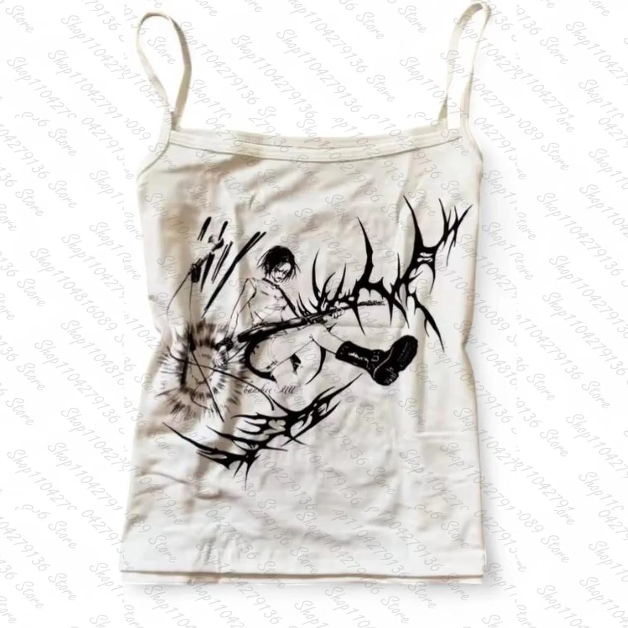 Gothic Anime Print T-shirt Aesthetic Y2K Crop Tops Short Sleevle Vest Tees Harajuku Streetwear White Suspenders Women Clothes