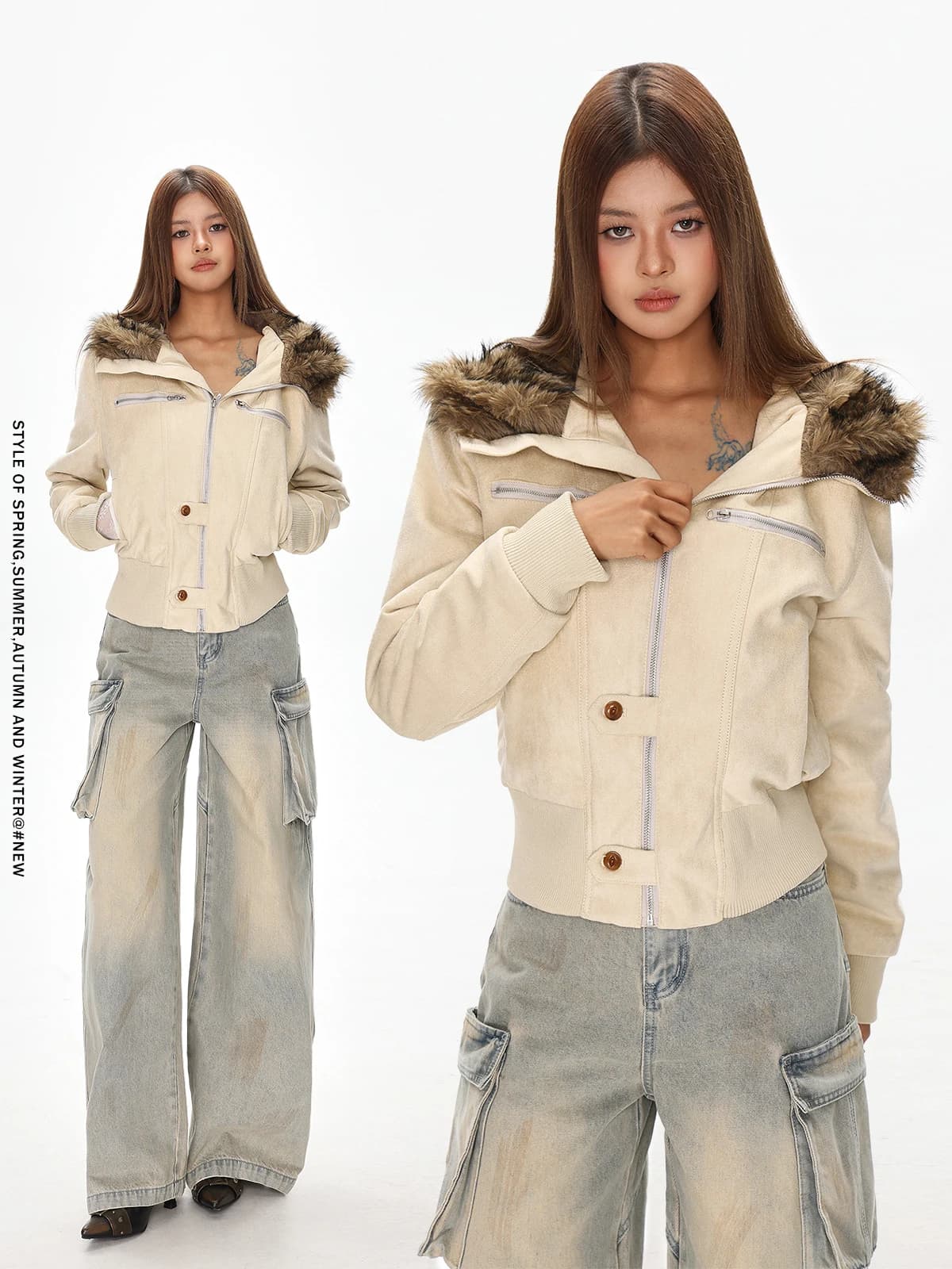 Giacca Corta in Peluche da Donna, Invernale, Slim Fit, Stile Americano, Cardigan con Spalle Aperte, Design Elegante, Capospalla
