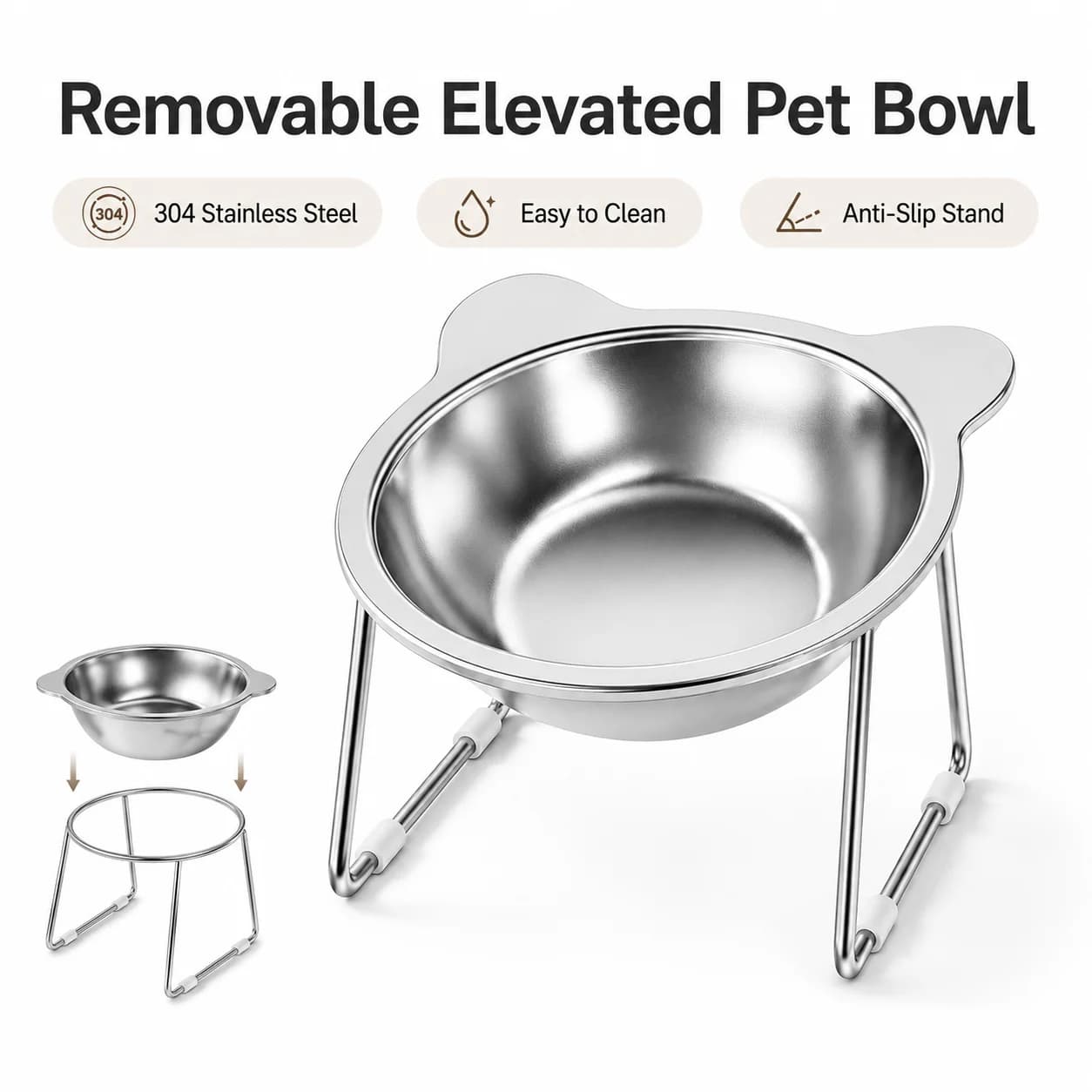 304 Stainless Steel Raised Cat Bowl 15 Degree Tilted Pet Food Water Bowl with Non-Slip Stand for Cats and Small Dogs
