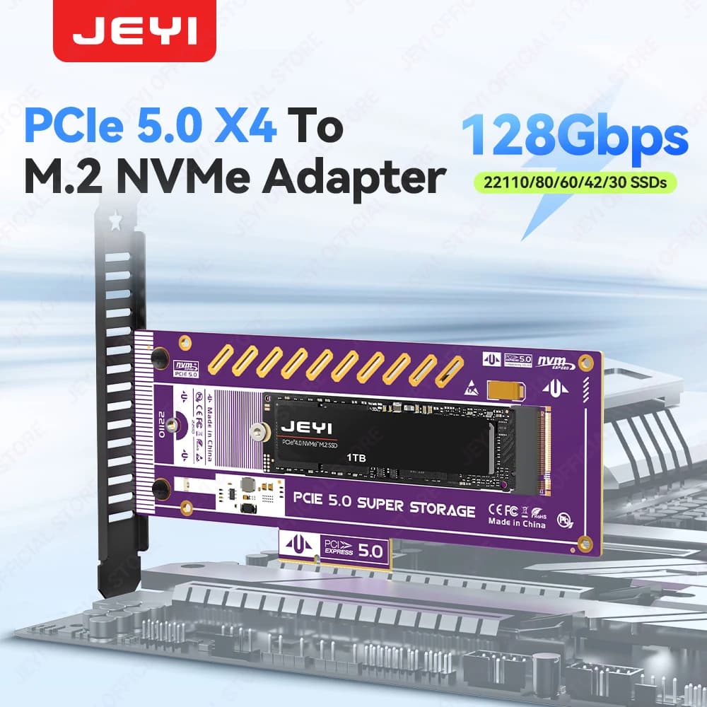 Scheda di Espansione JEYI M.2 NVMe SSD a PCIe 5.0, Velocità Ultra Rapida 128Gbps, Supporto Slot x4/x8/x16, Compatibile con SSD 22110/2280/60/42/30