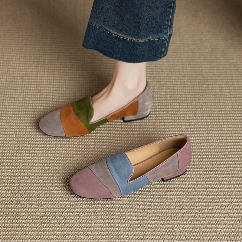 2026 new spring autumn women pumps natural leather plus size 22-25cm kid suede+cowhide+pigskin mixed color loafers women shoes