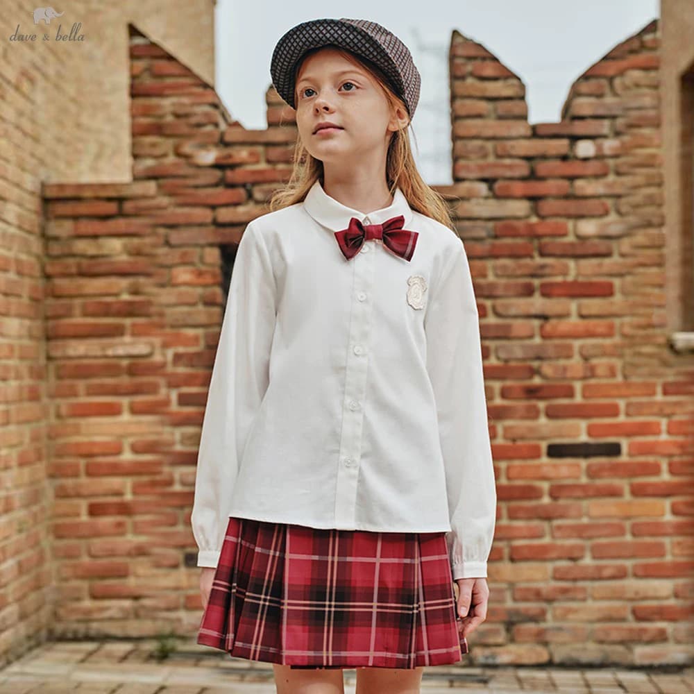 Dave Bella Children Girls' Plaid Skirt Set Autumn Spring Children Suits White Shirt Pleated Short Skirt Two Piece Set DK3263594