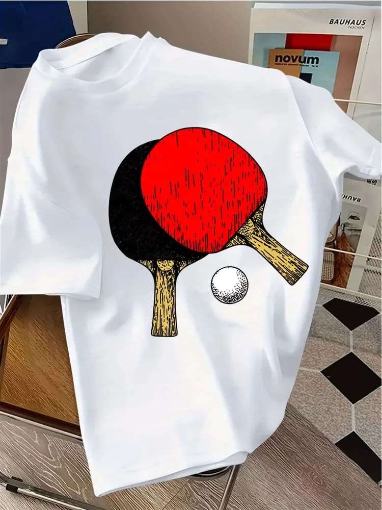 Mens Navy Crew Neck Tee Vintage Table Tennis Racket Ball Graphic Sports Loose Summer Casual Daily Soft Street Short Sleeve Shirt