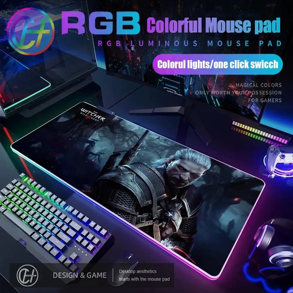 T_the W_witcher 3 Tappetino per mouse RGB Accessori da gioco Mouse Tappetino da scrivania luminoso Cuscino retroilluminato LED Tappetino luminoso per giocatori di grandi dimensioni