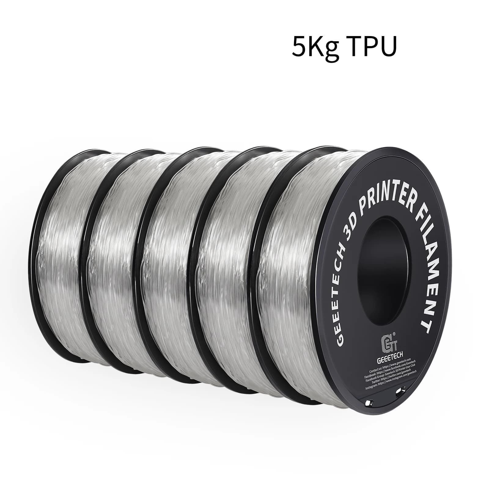 GEEETECH Filamento TPU Trasparente 5KG, Materiale Altamente Elastico e Flessibile, Compatibile con la Maggior Parte delle Stampanti 3D, Diametro 1,75mm