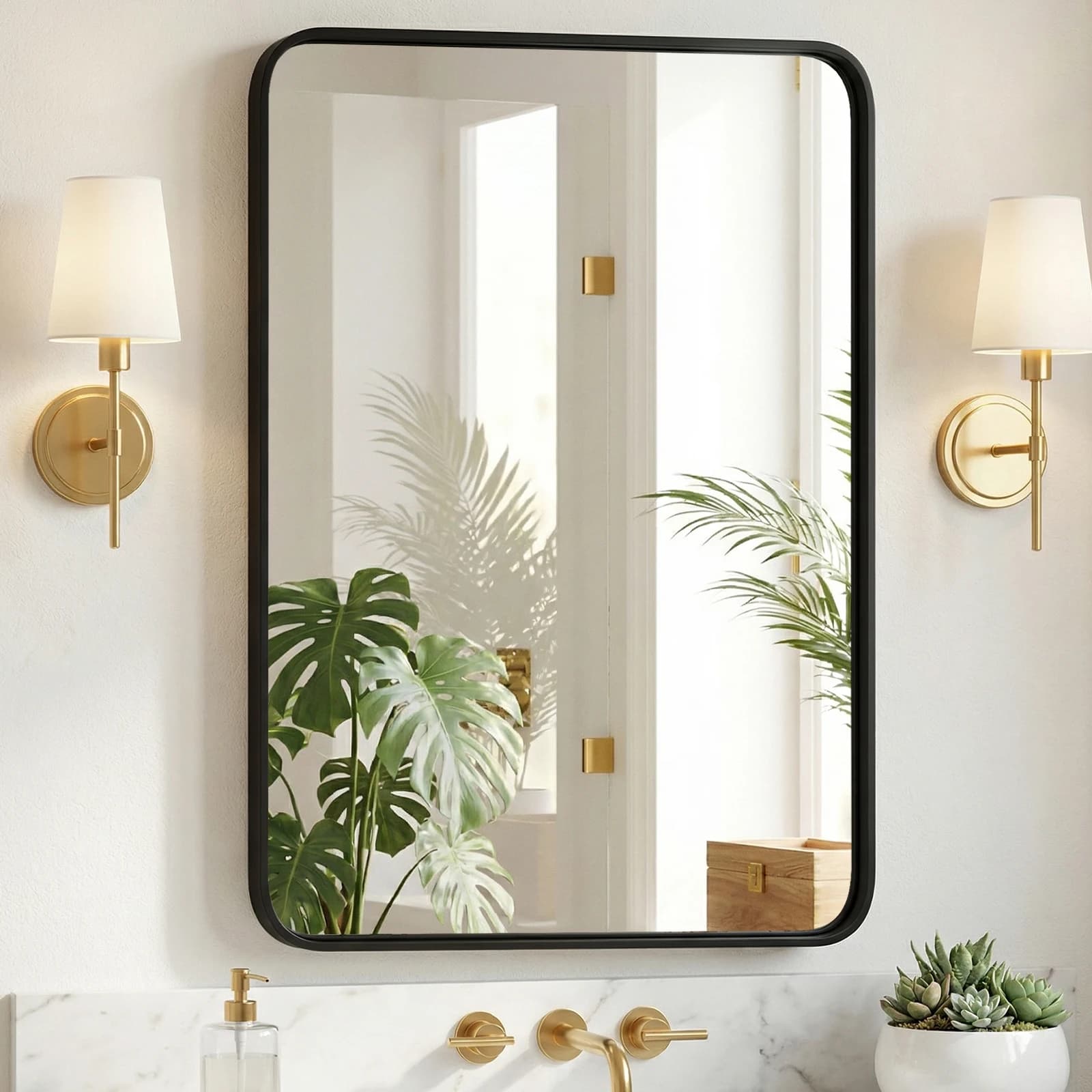 MCQ Rounded Rectangle Wall Mirror with Matte Brush Metal Framed Bathroom Wall Mirror for Over Sink Modern Wall Mount Vanity Mirror for Home