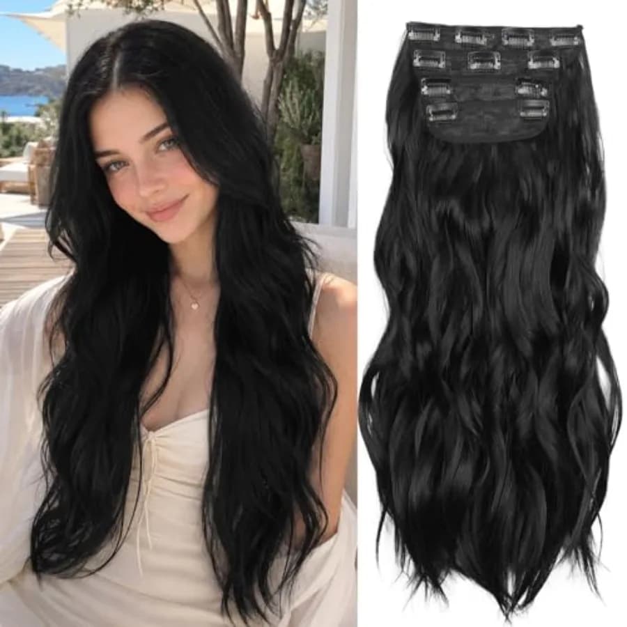 Black 20 Inch Thick Hairpieces Long Wavy Natural Synthetic Clip in Hair Extensions, for Women 4pcs, 20Inch, 1B#