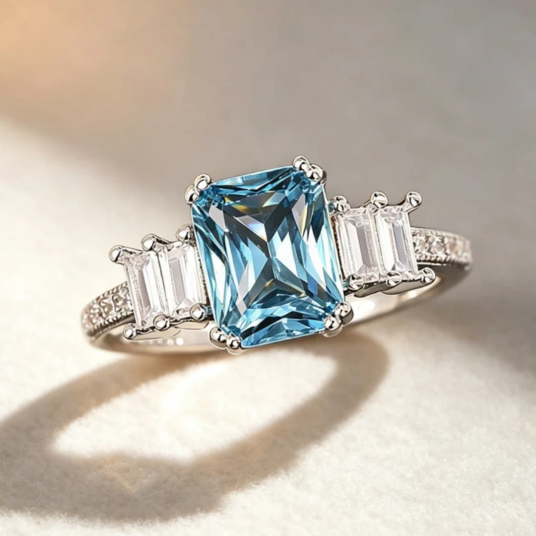 925 Sterling Silver Ring for Women with Inlaid Ocean-Blue Zircon, Light Luxury & High-End Style for Banquets