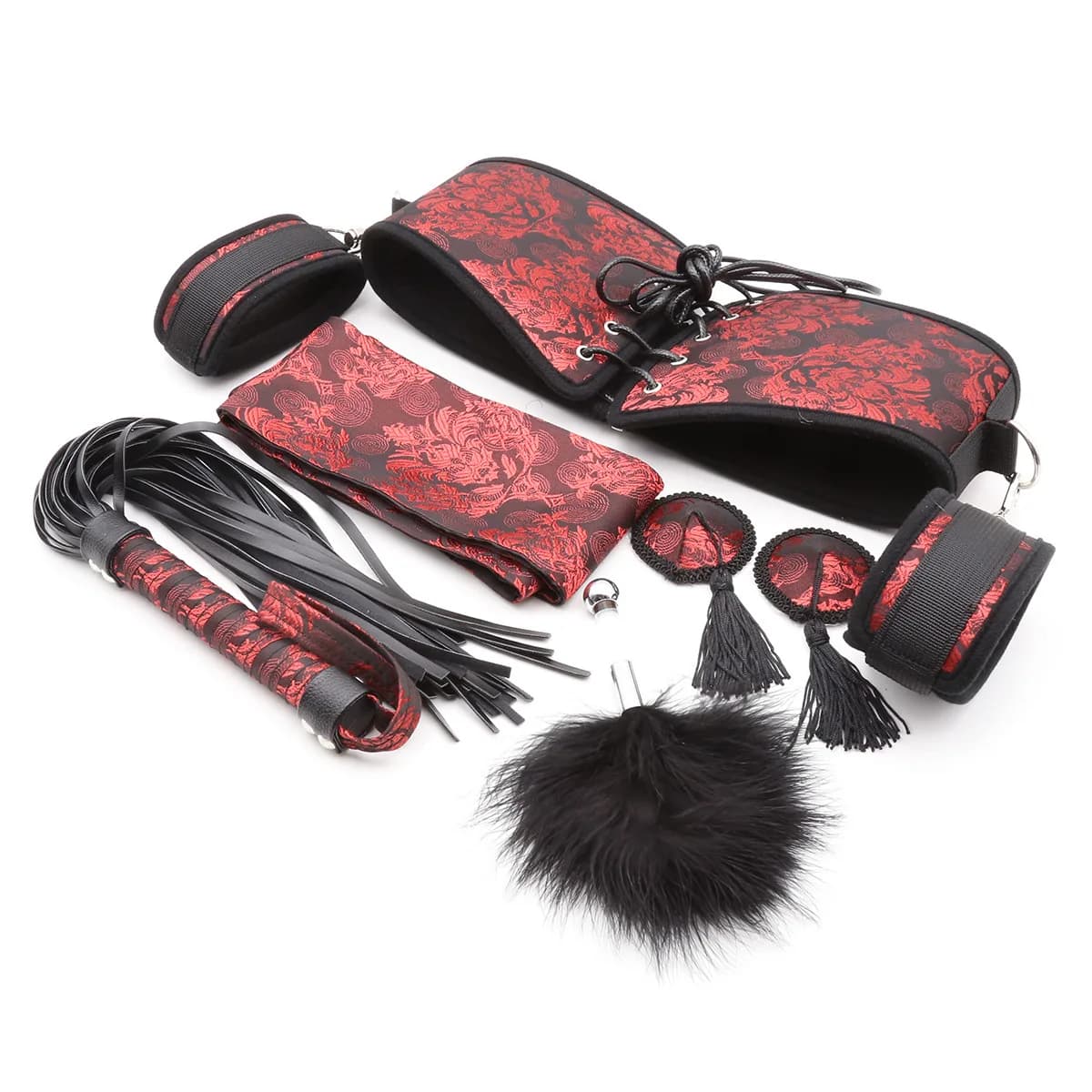 BDSM Woman Harness Nipple Cover Waist Handcuff Restraint Teaser Tassel Spank Fetish Toy Set Chinese Embroidery Pattern Romantic