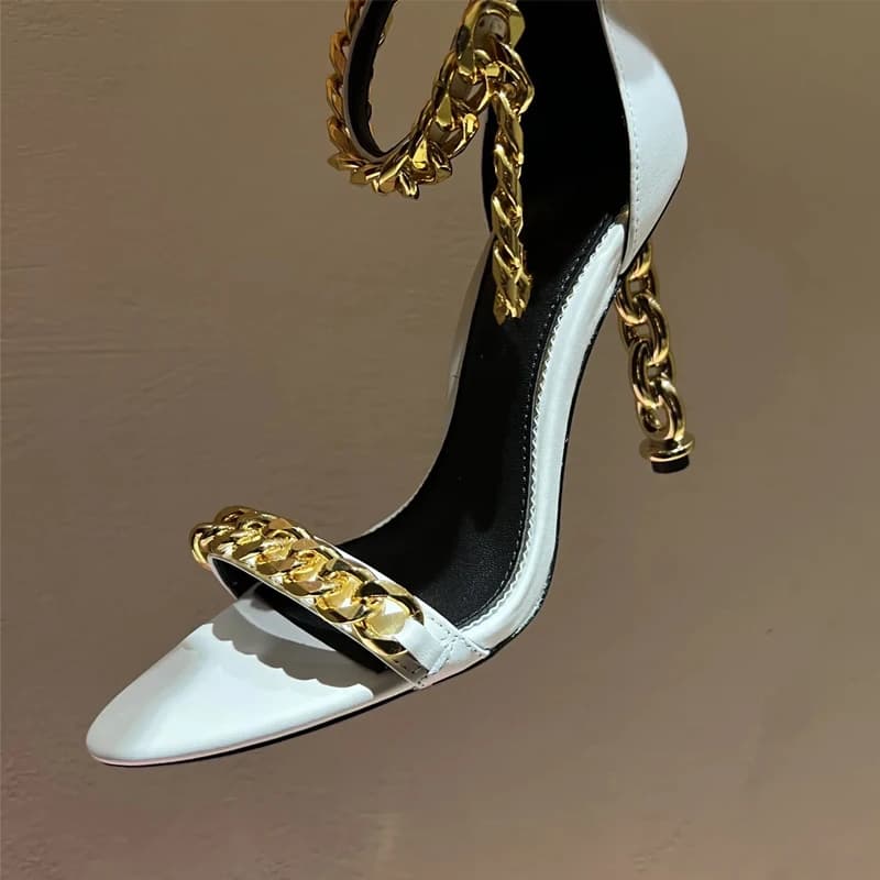 Sexy Gold Chain Heel Pointed Toe Hollow Stiletto Sandals Woman Summer 2026 Fashion Open Toe Buckle High Heels Shoes for Women
