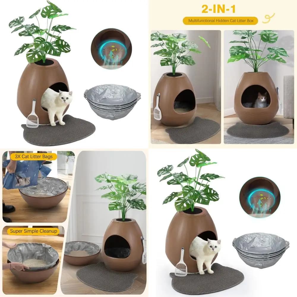 Lettiera Nascosta con Piante Artificiali, Rimozione degli Odori e 5 Sacchetti per Gatti e Piccoli Animali