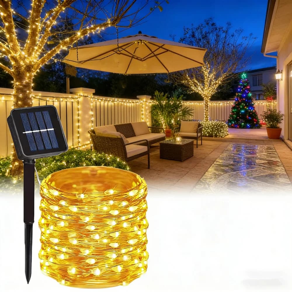 Luci Solari a Filo di Rame a 8 Modalità, 300/200/100/50/20 LED, Ghirlanda Luminosa per Esterni, Decorazione per Giardino, Cortile, Feste e Natale