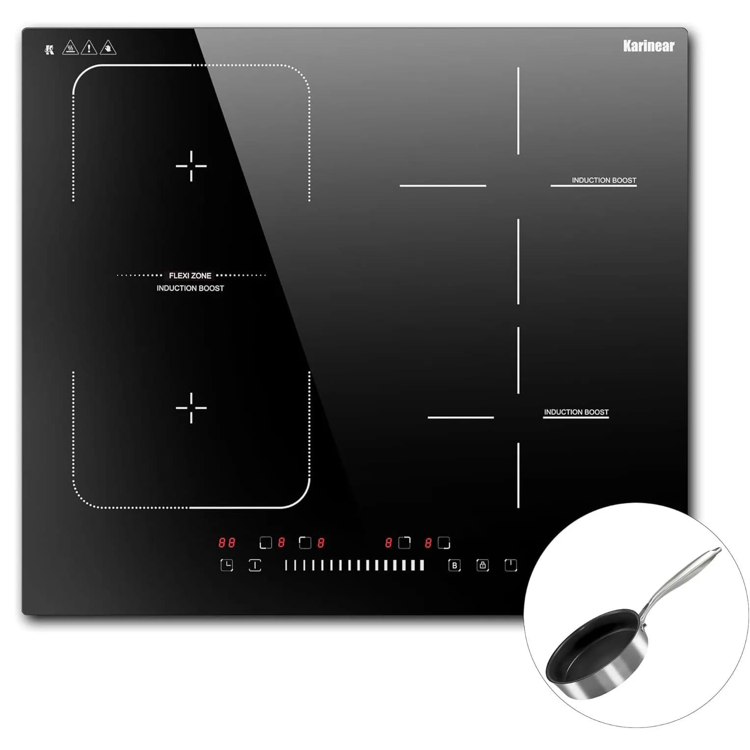 Piano cottura a induzione Karineare 4 zone (con padella), piano cottura elettrico Flex Zone da 60 cm, controllo cursore da 7200 W con timer boost, blocco sicuro