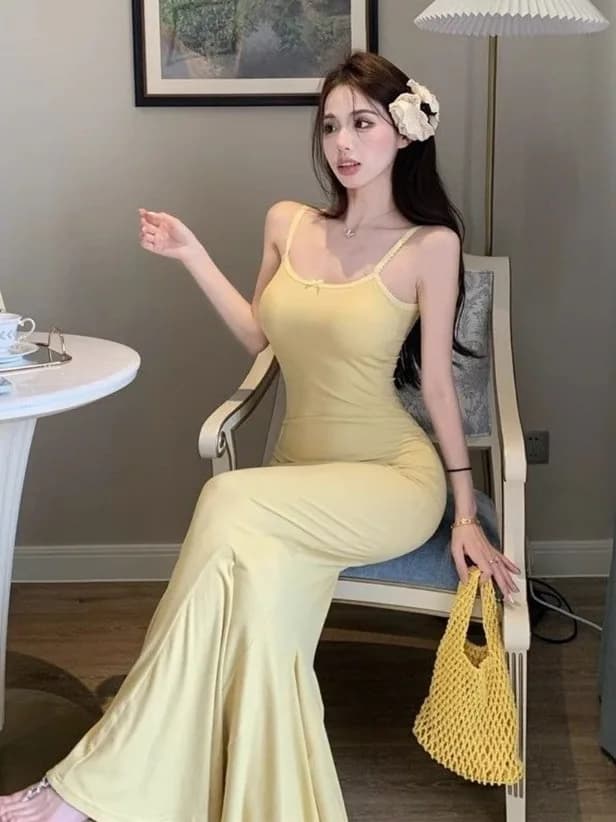 Pure Yellow Strapless Backless Long Dress Women's Slimming Sexy Fish Tail Skirt Lotus Blossom Waist Cinching Summer Dress