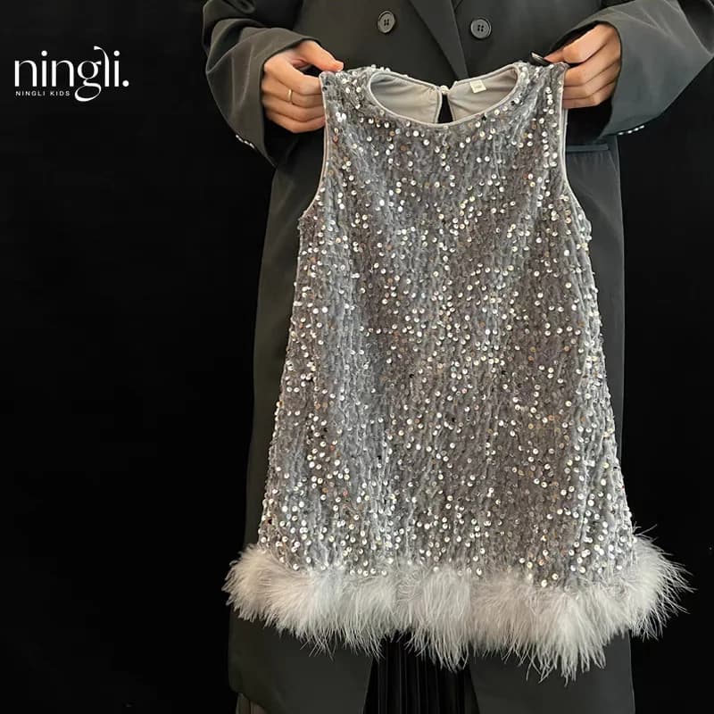 Abbigliamento primaverile e autunnale Abbigliamento primaverile Nuovo vestito da ragazza Abito da principessa con gonna a gilet in piume con paillettes premium per bambini