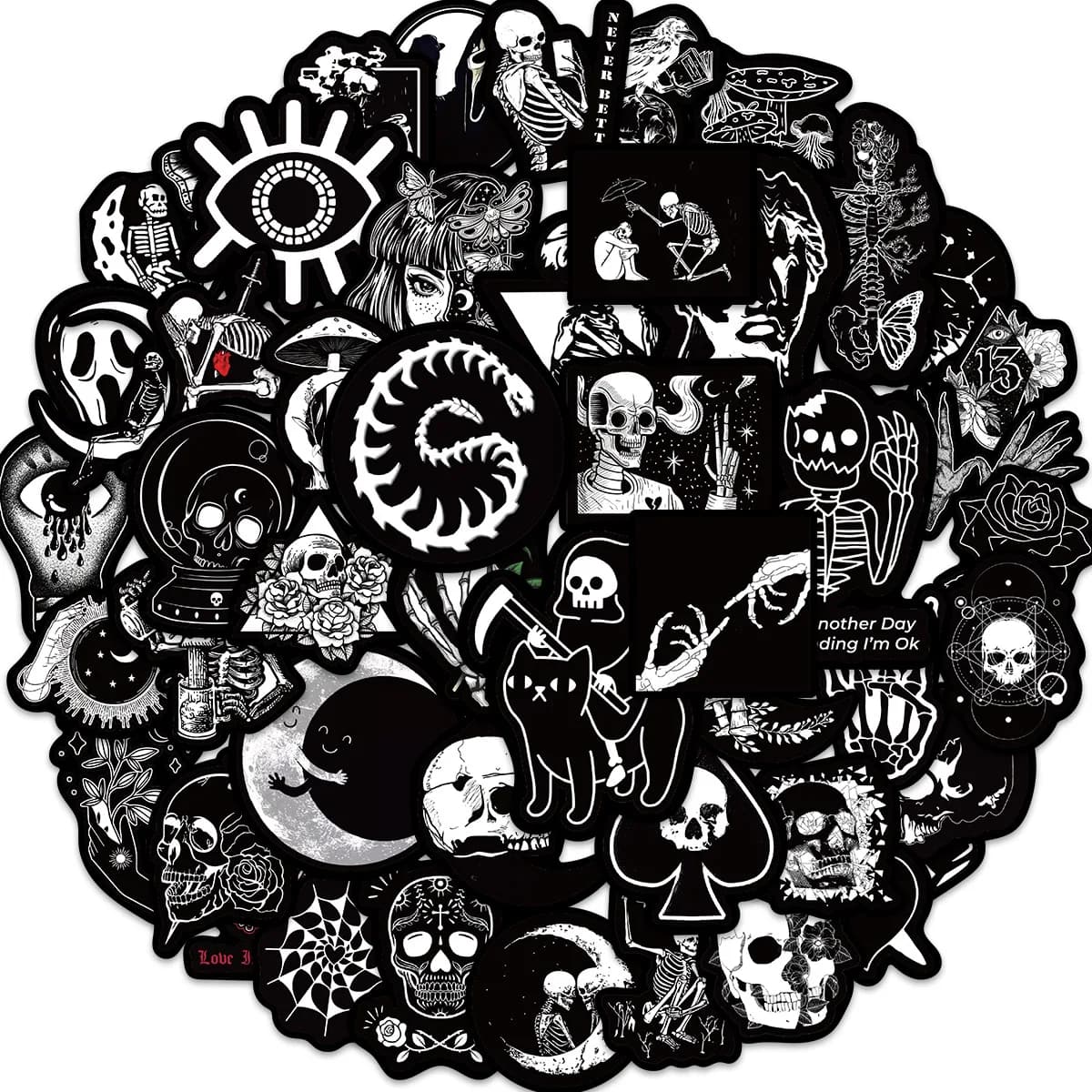 50PCS Black White Gothic Stickers,Goth Skull Stickers,Dark Stickers Waterproof Vinyl Stickers,for Water Bottles Phone