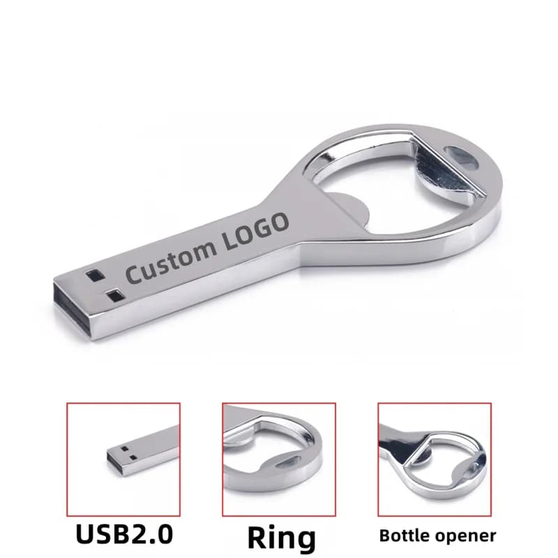 LOGO personalizzato gratuito con incisione laser Apribottiglie in metallo argentato Chiavetta USB 2.0 da 4 GB 8 GB 16 GB 32 GB 64 GB 128 GB Memory Stick