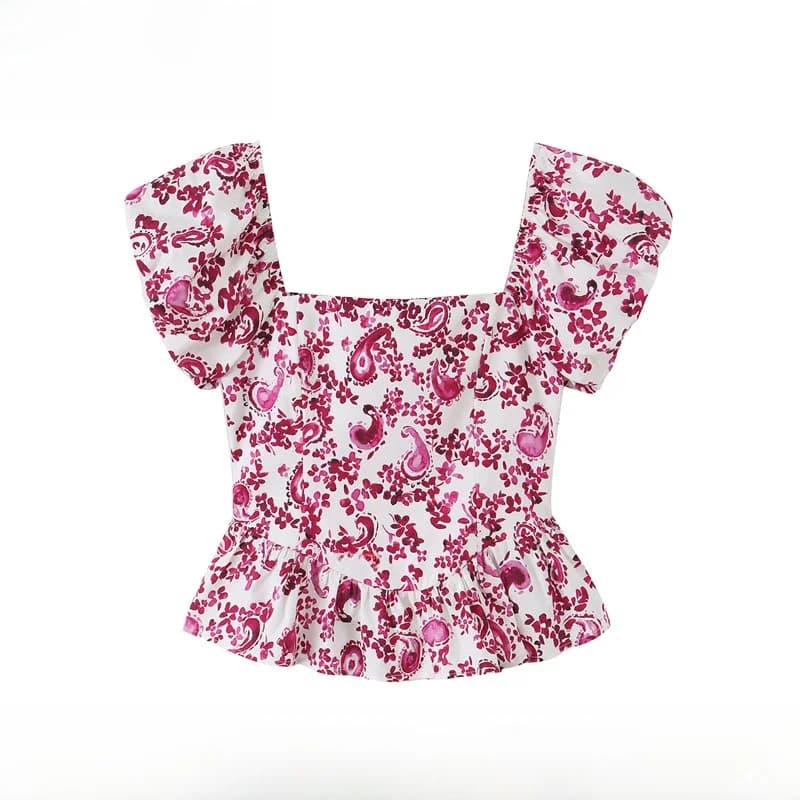 Fashionable Print Slim Fit Bralette Top Women's T-shirt Spring Summer New Arrival Versatile Polyester Bubble Sleeve Short Length