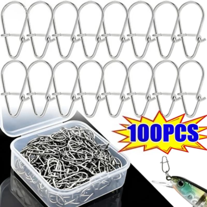 100 Pezzi Moschettoni a Scatto in Acciaio Inossidabile, Clip Fastlock, Accessori per Attrezzatura da Pesca, per Girelle a Barilotto, Ami da Pesca e Esche