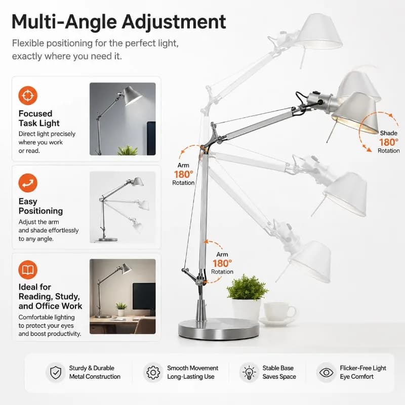 Modern Adjustable Swing Arm Desk Lamp Metal LED Table Light Study Office Bedroom Task Reading Lamp Home Decor Fixture