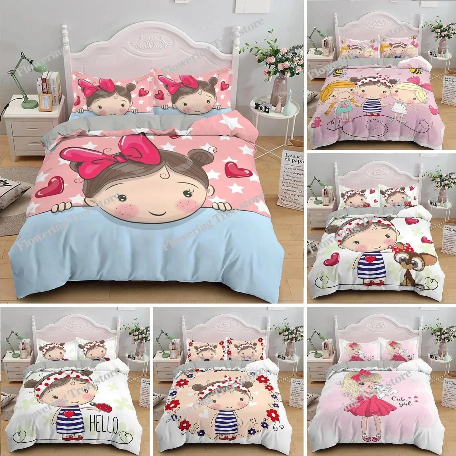 Cartoon Lovely Girls King Queen Duvet Cover Cute Little Girl Pattern Bedding Set Kids Pink Pretty Polyester Quilt Cover