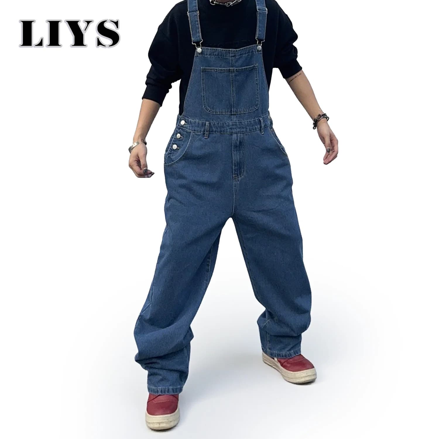 Salopette da uomo Bretelle in denim Jeans larghi semplici da uomo Street Casual Solid a vita media Tute lavate larghe Lunghezza tuta