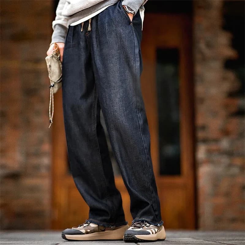Maden Jeans casual autunnali da uomo Pantaloni in denim dritti larghi doppi pieghe lavati Jeans resistenti all'usura con cerniera a vita media