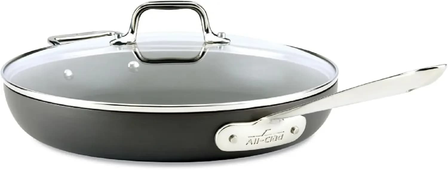 Padella Antiaderente HA1 in Alluminio Anodizzato Duro, 12 Pollici, Adatta per Forno a Induzione e Griglia, Resistente fino a 260°C, Coperchio Resistente fino a 175°C, Pentole e Padelle, Utensili da Cucina Neri