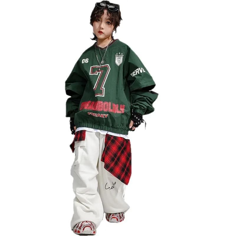 Abbigliamento Hip Hop per bambini Felpa con orlo elastico con scollo a V verde Pantaloni cargo larghi casual bianchi per vestiti per costumi di danza jazz per ragazza ragazzo