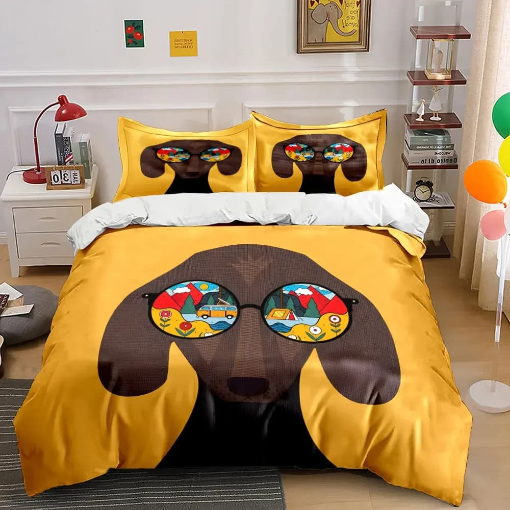 3Pcs Dachshund Bedding Set, Cool Wiener Dog with Camping Sunglasses Print Duvet Cover + 2 Pillowcases, Whimsical Pet Decor