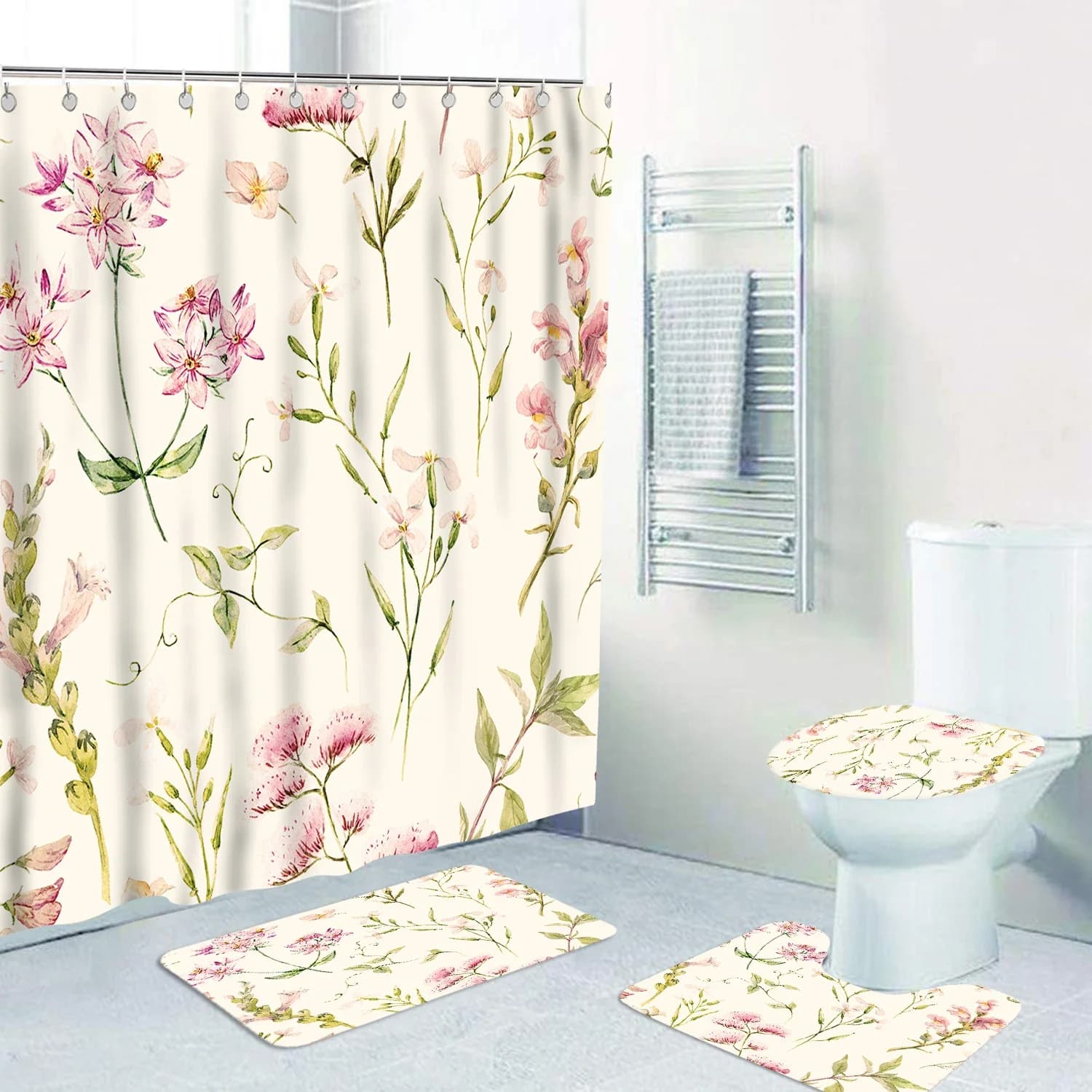 4Pcs Medieval House Tree London Shower Curtain Sets with Rugs Toilet Lid Cover and Bath Mat Shower Curtains Set with 12 Hooks