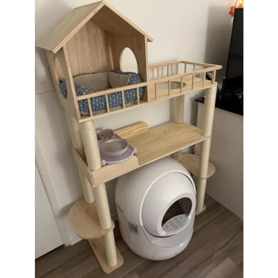 Albero per Gatti Moderno in Legno Alto 60,2 Pollici con Lettiera Automatica Integrata, Tiragraffi Multilivello e Cuccia per Interni