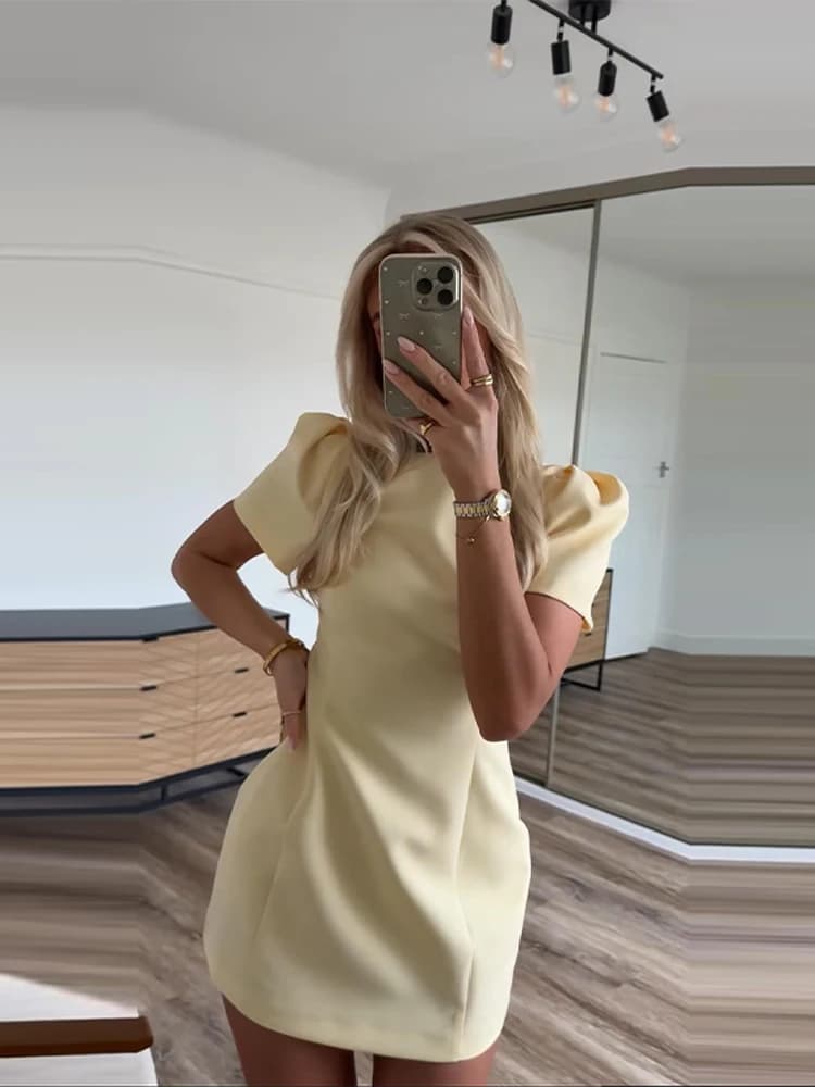 Elegant Solid Women's Dress Short Sleeve Pleated Waist-Closed Slim Lady Mini Dresses 2026 Summer Autumn Chic Female Robe New