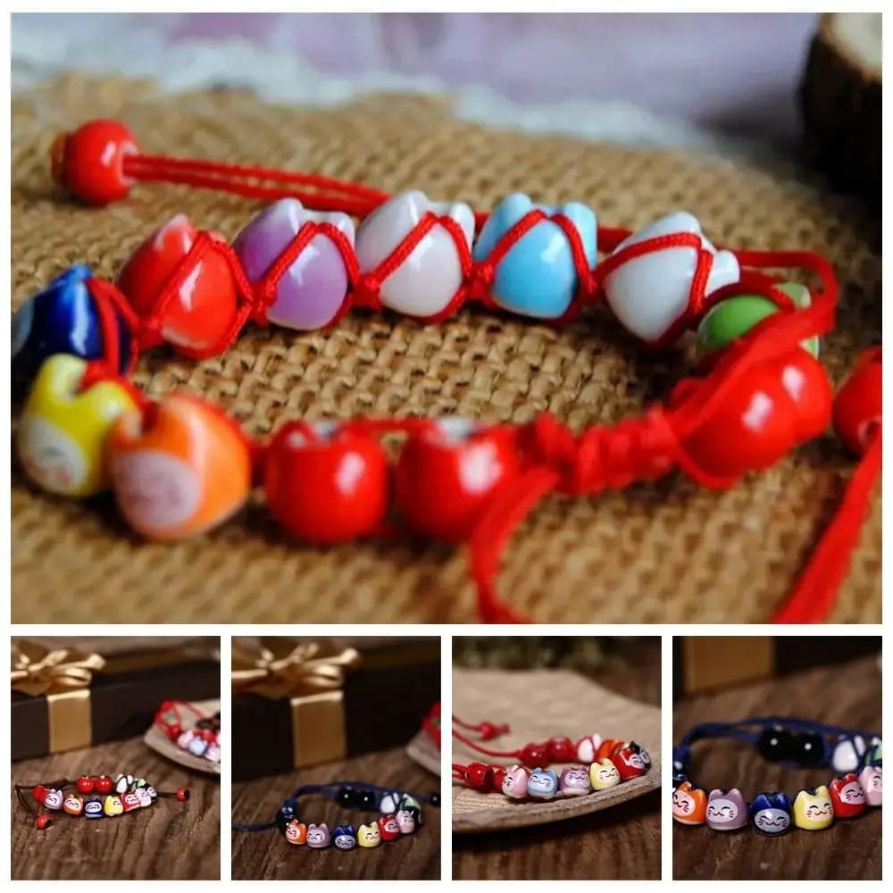 Bracciale Maneki Neko in ceramica stile cinese Bracciale fatto a mano con perline di gatto in argilla polimerica Accessori per gioielli con gatto fortunato