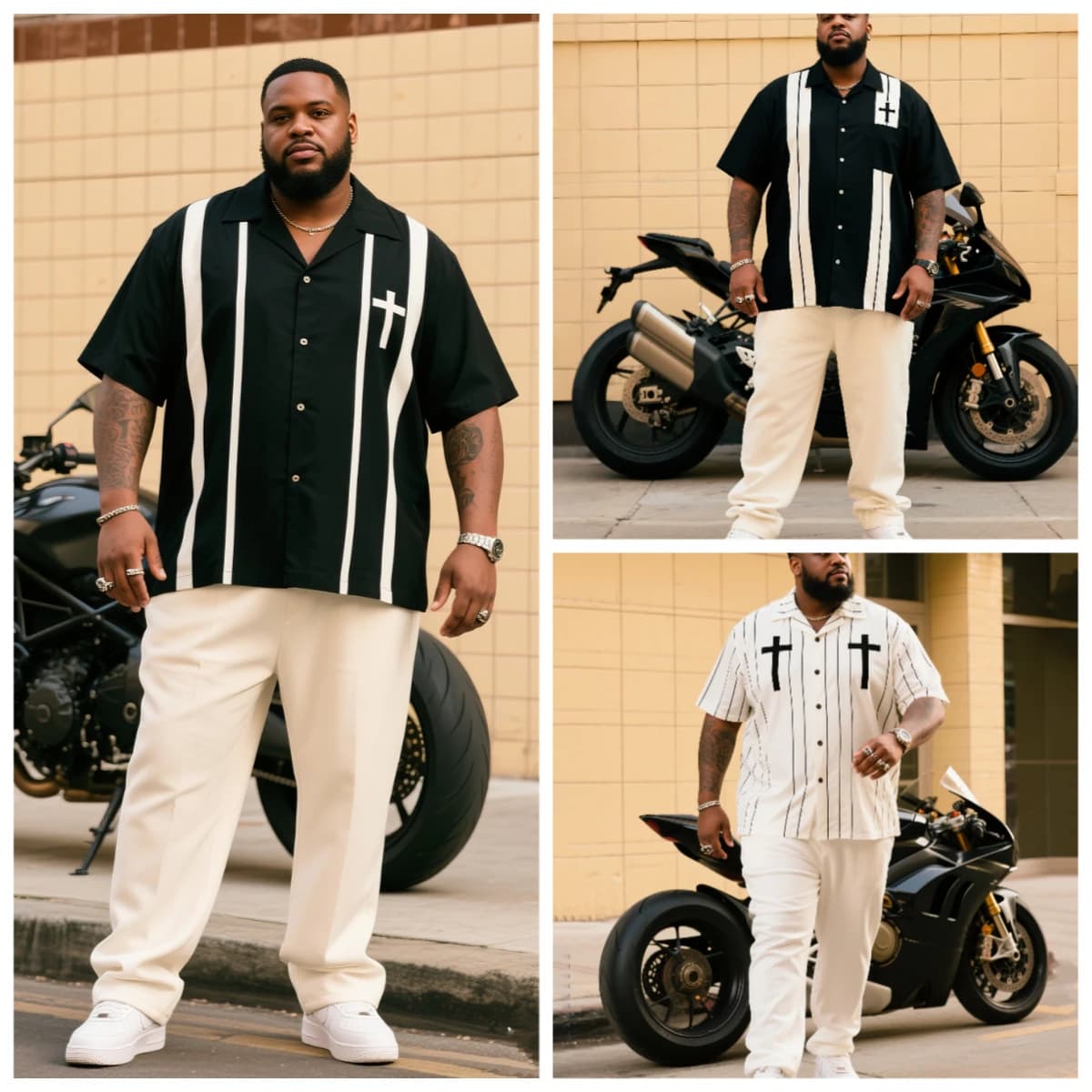 S-9XL Plus Size Men's Streetwear Cross Print & Striped Shirt & Pants Set, Multi-Design Casual 2-Piece Summer Outfit Collection