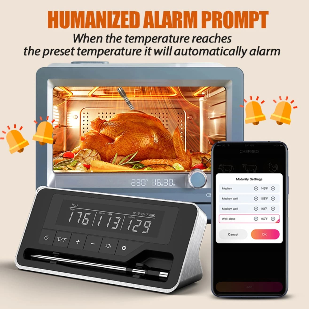 Thermometer for meat Wireless probe Digital thermometer for food Bluetooth Mobile APP with LCD screen for smoking oven BBQ Gril