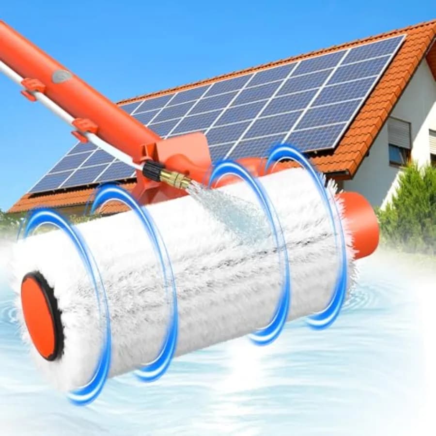 Brush for cleaning of solar panels with telescopic rod for high windows and external roofs, in orange ABS plastic, 20FT range, 2 hours autonomy.