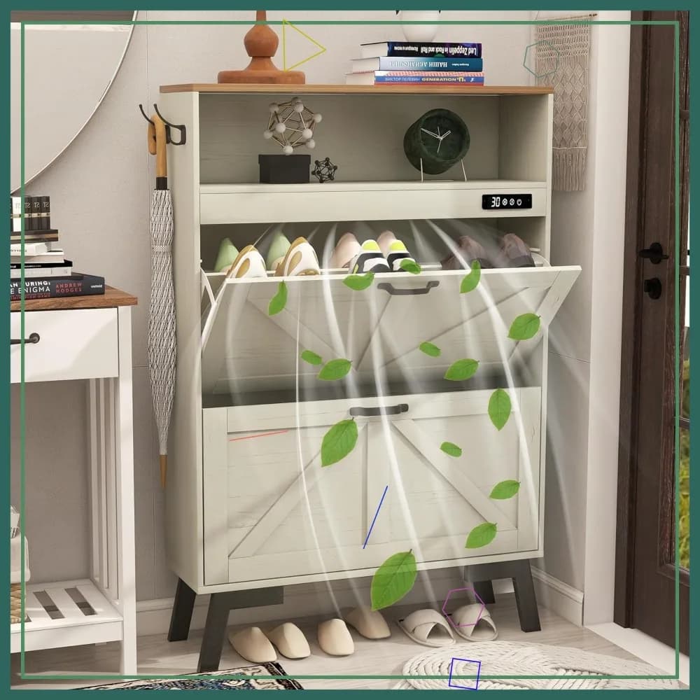 Organizzatore per Scarpe Deodorante da Ingresso, 2 Cassetti Ribaltabili, Design Scanalato Bianco con Purificatore d'Aria, Contenitore Nascosto Stile Rustico