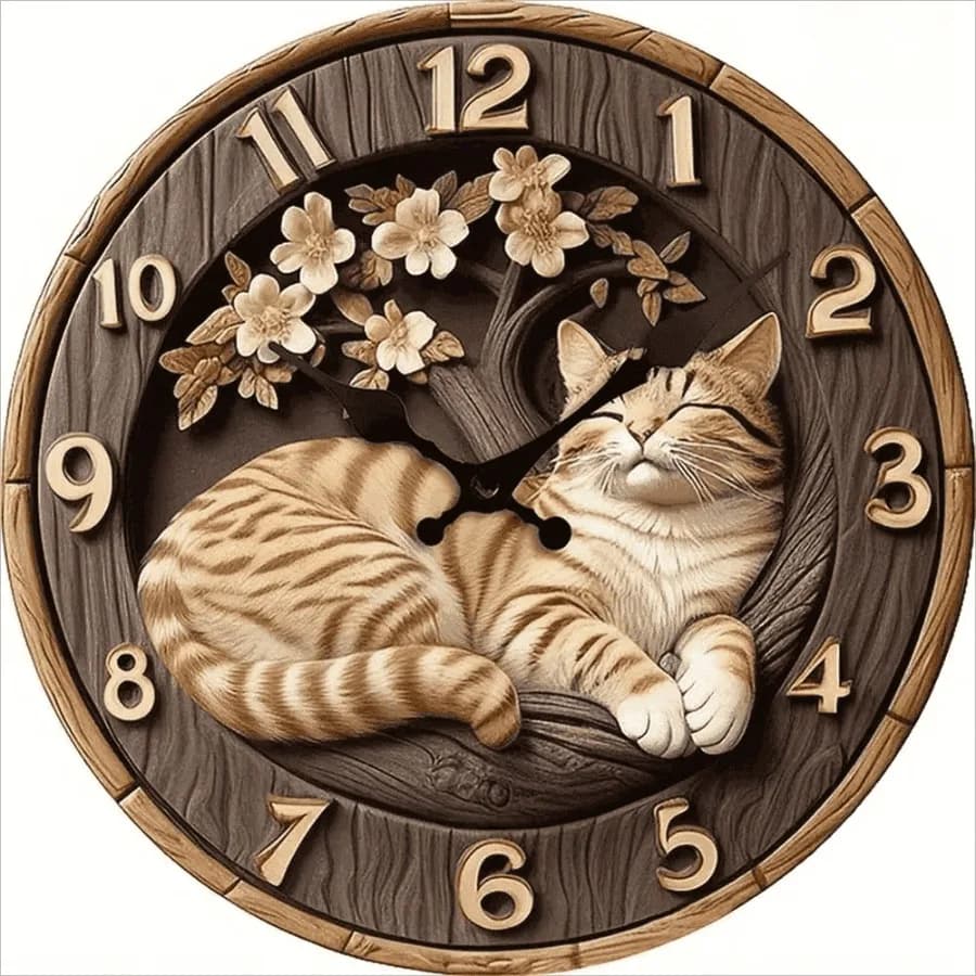 10" Silent Non-Ticking Wooden Wall Clock, 2D Cat and Flower Printed Clock, Round Decorative Wall Clock for Home, Office, School