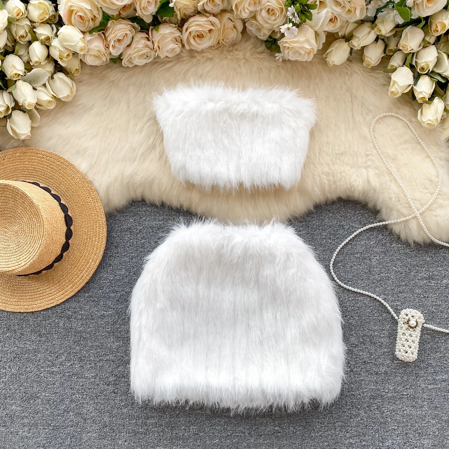 Women Hotsweet Sleeveless Sexy Strapless Plush Slim Tank Top High Waist Pencil Short Skirt Streetwear High Street Autumn Sets
