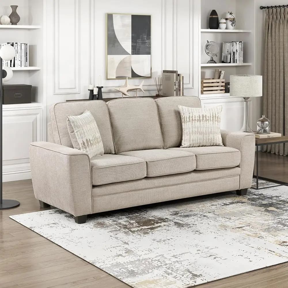 Upholstered sofa with 2 cushions, armrests with structure, reversible cushions, removable cover, ideal for living rooms, dove color